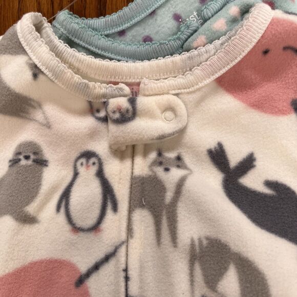 Carters Fleece Sleepers Footed 12 Months Set of 2 Cream Penguins Mint Green - Picture 6 of 8